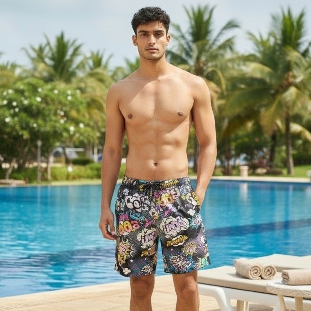 Snap! by Dril Clothing‎ Co Mens Comic Book Pop Art Swim Trunks Multicolor Large